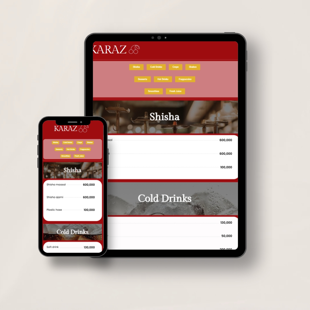 "A vibrant and responsive digital menu for Karaz—a cozy café and kids' playground in South Lebanon, designed for seamless ordering